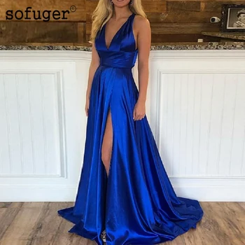 

2019 Royal Blue Sexy Stretch Satin Prom Dresses Long A-line V-neck Evening Party Dresses Prom Dress Open Back Robe De Soiree