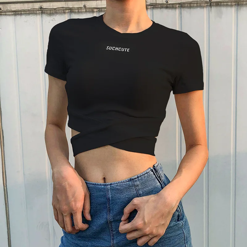 

Black Suchcut letter Print Cross Tie Front T-shirt 2018 Summer Round Neck Short Sleeve Female Clothes Crop T Shirt