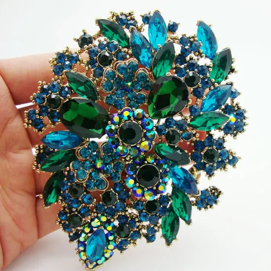 TTjewelry Classic Style Green Crystal Rhinestone Dual Droplets Flower Art Nouveau brooch pins Gold Tone pendants