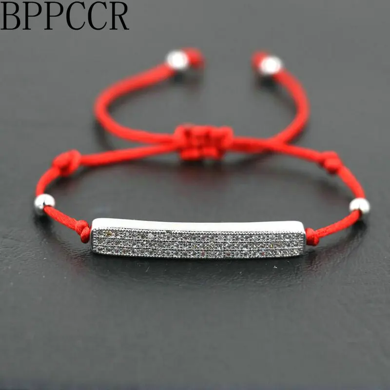 

BPPCCR Women Silver Rhinestones Zircon AAA Micro Pave Bars Bracelets Thin Red Rope Strings Thread Braid Lucky Distance Pulsears