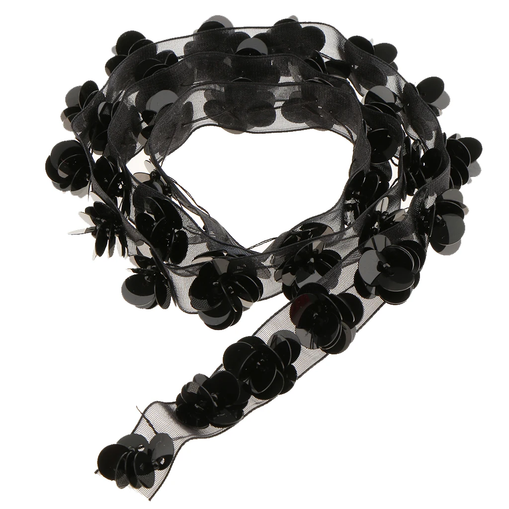 1 Yard 15mm Black Sequins Flower Beaded Lace Trim Ribbon Vintage Mesh Fabric Paillette DIY Sewing Apparel Wedding Decoration