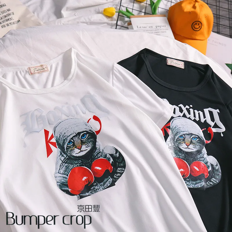 BUMERCROP белая женская футболка 2019 T летняя модная бокс женский с надписью кошка kawaii