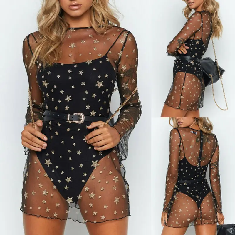 

Sexy Women's Bikini Cover Up Mesh Fishnet Beach Dress Sparkling Star Print Swimwear Bathing Suit Chiffon See-through Beachwear