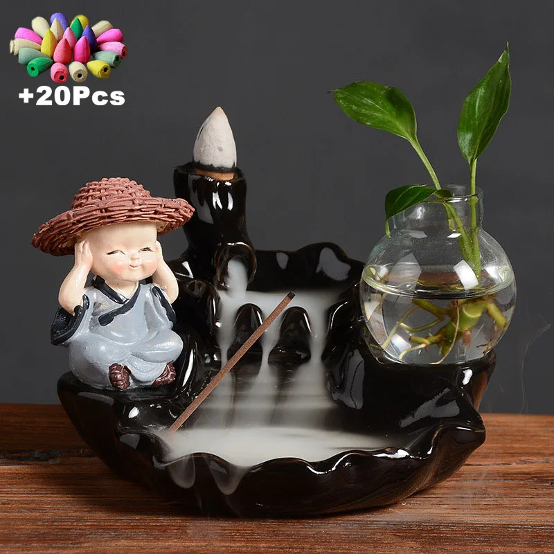

With 20Cones The Little Monk Straw Hat Ceramic Backflow Incense Burner Stick Incense Holder Water Planting Home Decor