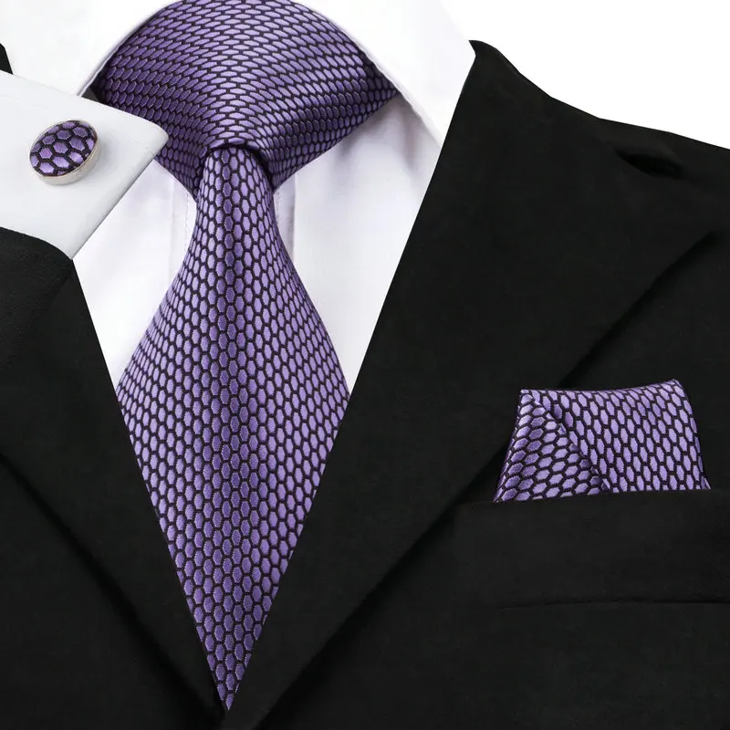 

SN-1553 New Geometric Pattern Purple Tie Set Silk Hi-Tie Designer Gravatas Hankychief Cufflinks Set for Mens Suit