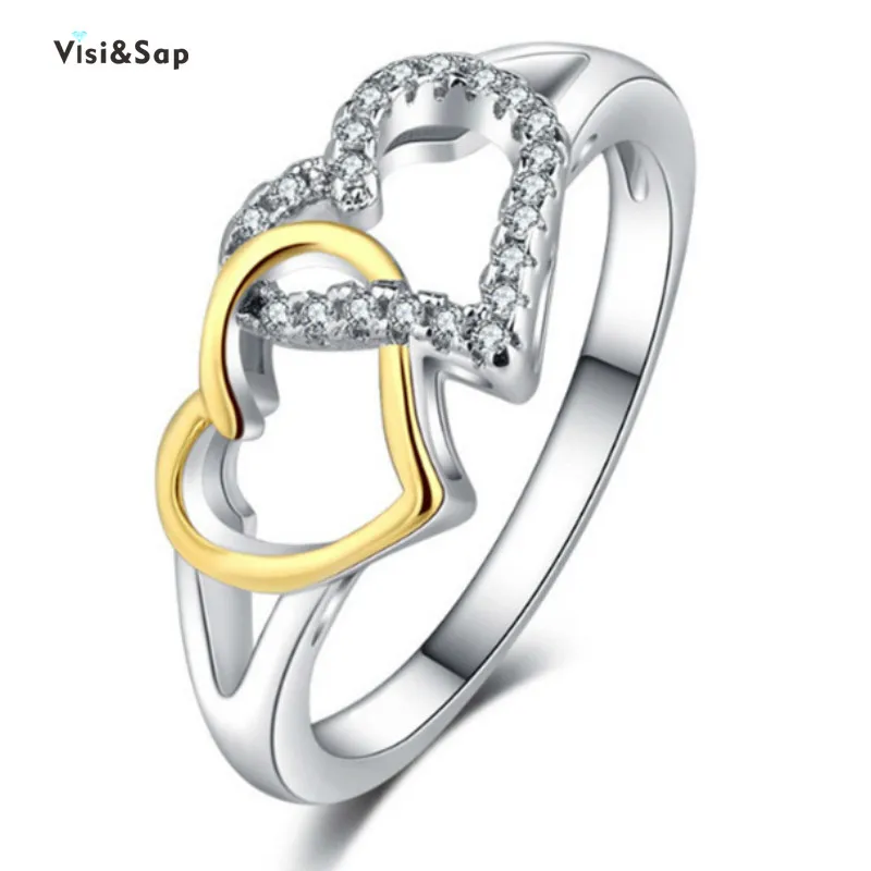 

Visisap Korean Love Color Separation Ring for Women Wedding Engagement Heart Shaped Micro Zircon Inlaid Ring Jewelry B2300