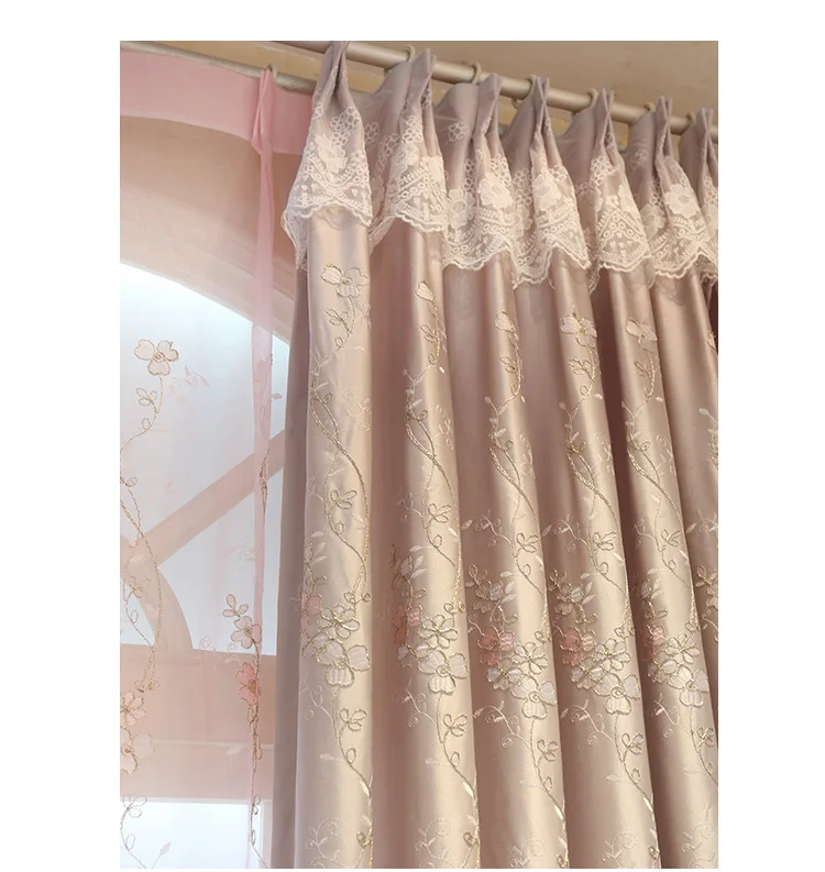 Embroidered Curtains European Garden Style Window Curtain Hooks Pink