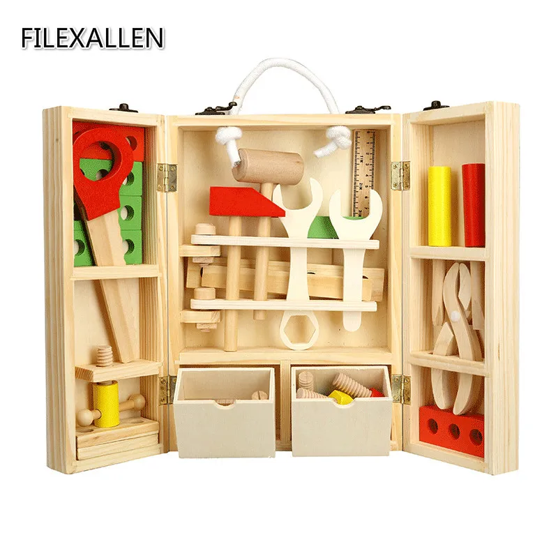 Wooden Simulation font b Tools b font Kits Toy Children Early Educational Toys Childhood Portable Toolbox