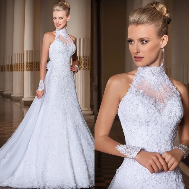 

Custom Made vestido de noiva 2014 A-Line High Neck Lace Wedding Dress vestido de casamento Bridal Gown Wedding Dress