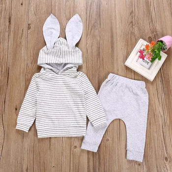 

2018Baby Girl Boy Newborn Baby Sets Clothes 3D Bunny Ear Striped Pocket Hoodie Sweater Shirt+Pants 2pcs Baby clothiing set