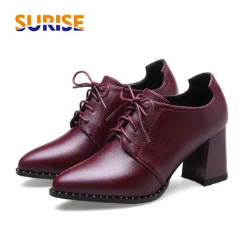 

British Casual Women Pumps PU Leather 7cm Thick Chunky High Hoof Heel Pointed Toe Lace Up Spring Autumn Dress Lady Derby Brogue
