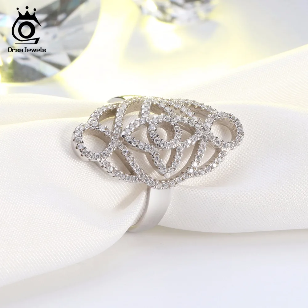 ORSA JEWELS Luxury Women Rings Unique Shape Wedding Band AAA Cubic Zircon Silver Color Engagement Ring For Female Jewelry AOR46