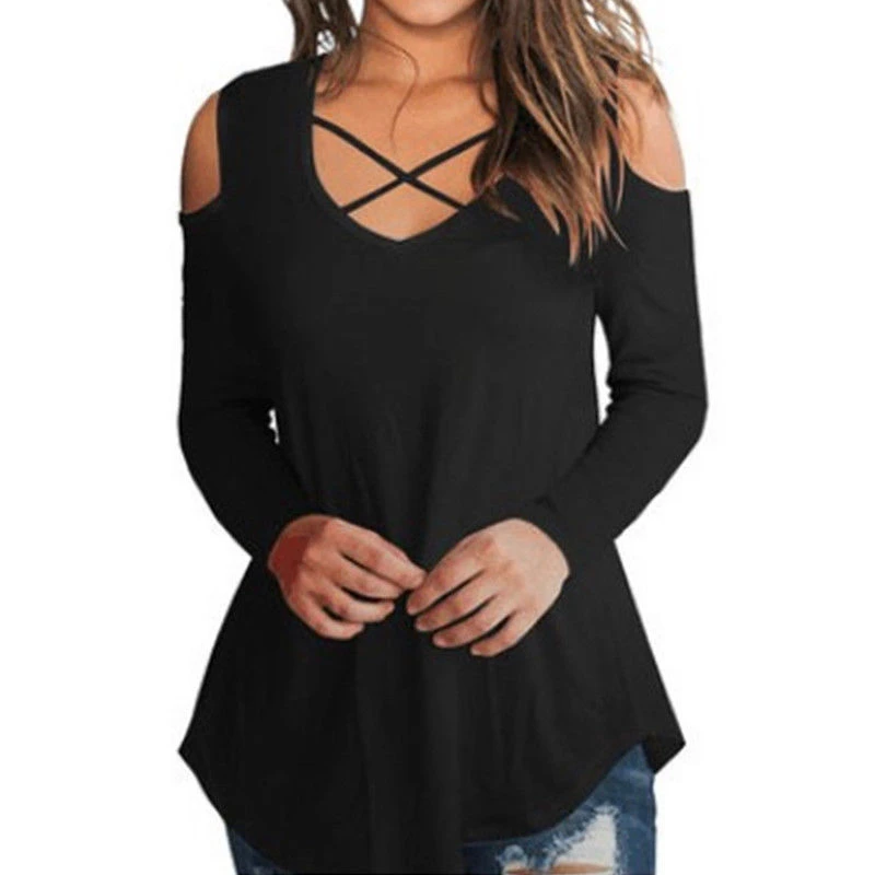 Women Blouses And Tops Casual Women Cold Shoulder Tops Ladies Long Sleeve Blouse Hollow V Neck Blouses Shirts Plus Size Blouse