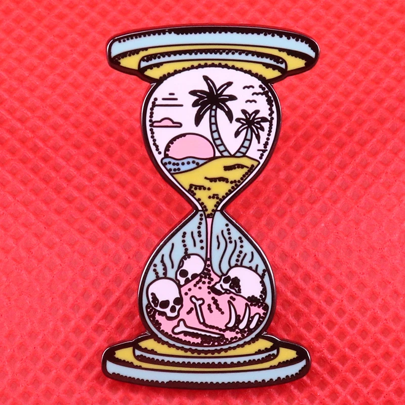 

Hourglass enamel pin skull bones brooch sunrise coconut tree badge natural landscape pins time jewelry pastel art gift