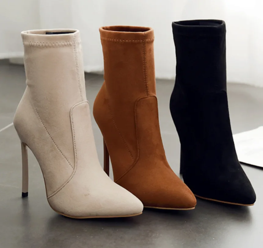 

Spring Women's Boots Pointed Toe Yarn Stretch Fabric Ankle Boots Thin Heel High Heels 11.5CM Shoes Woman Female Socks Boot 35-42