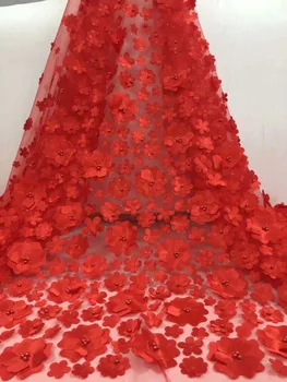 

3D Handwork Flower Fabric In Red, Wedding Beaded Lace Fabric For Lady, Newest French Laces Fabrics High Quality Tulle YDF61-1