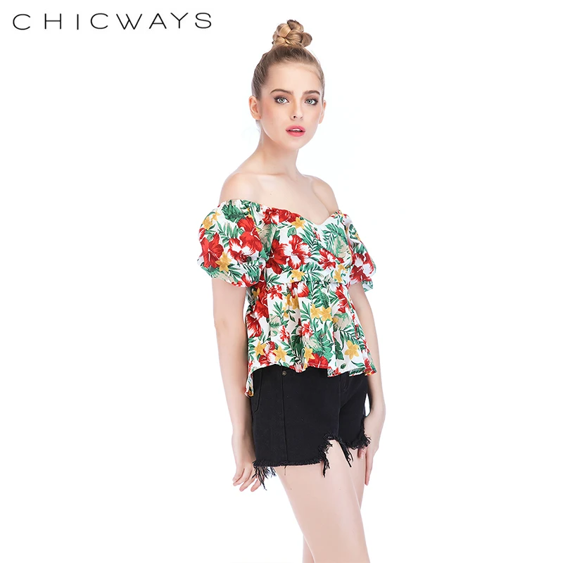 Chicways красочные цветочные короткий рукав летний v образный Вырез Топ Блузки