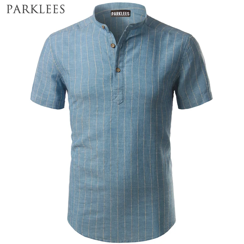 

Striped Linen Shirt Men Brand New Cotton Linen Henley Shirts Casual Slim Fit Mens Dress Shirts Short Sleeve Button Down Shirts