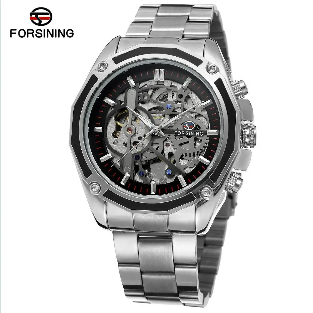 Модные FORSINING брендовые прозрачные светящиеся Мужские механические наручные часы в стиле ретро Королевского дизайна - Цвет: Steel Siver Black