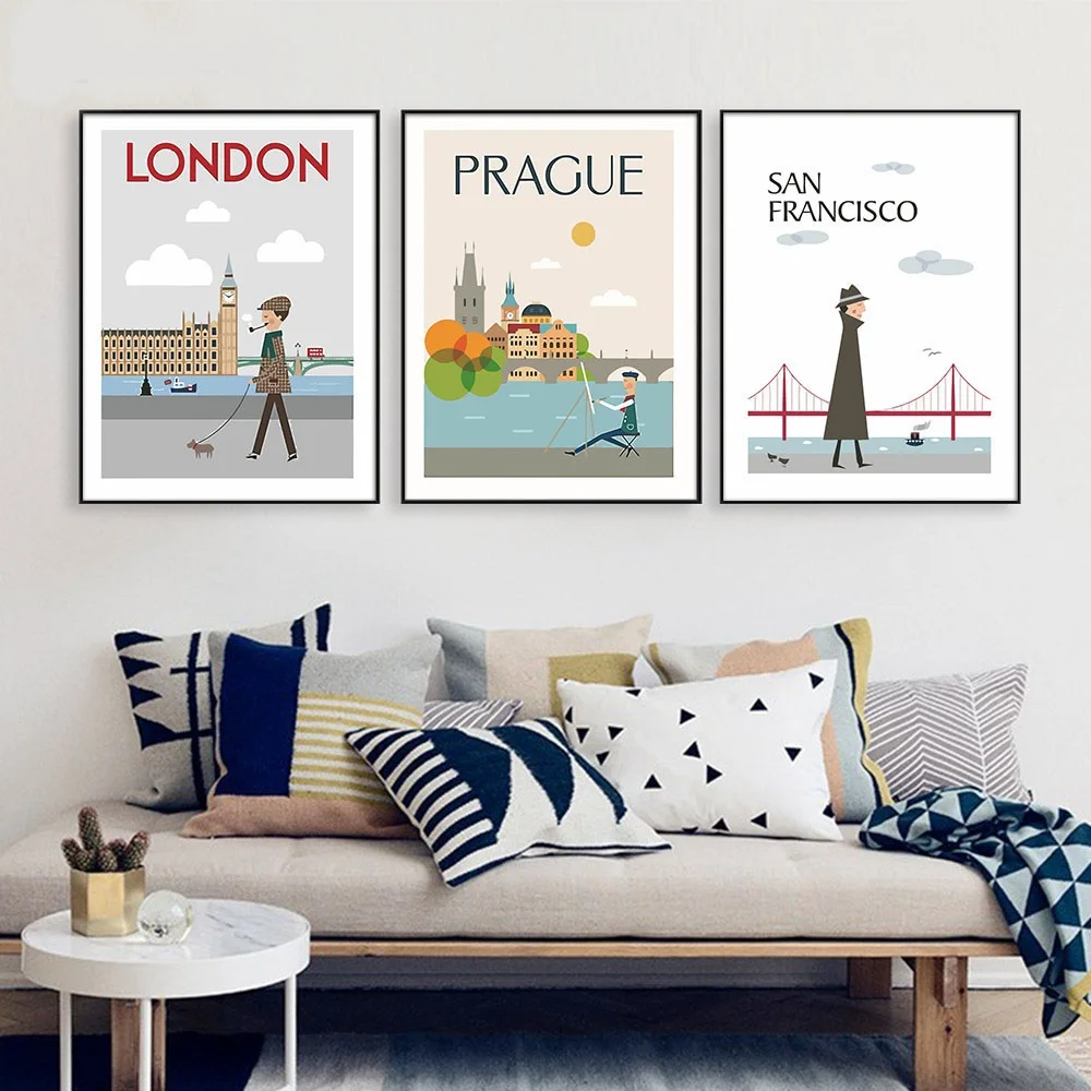 

The Morning of City London New York Vintage Poster Landscape Art Canvas Painting Wall Picture Print Modern Home Room Decoration