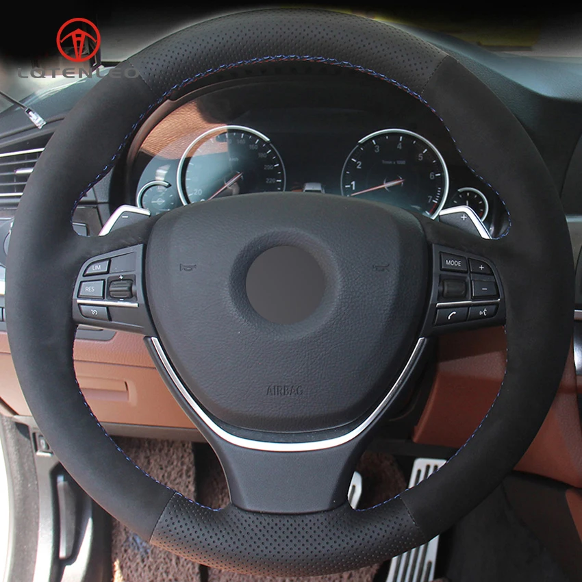 

LQTENLEO Black Genuine Leather Suede DIY Car Steering Wheel Cover for BMW F10 2014 520i 528i 2013 2014 730Li 740Li 750Li