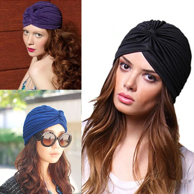 

Fashion Indian Unisex Head Wrap Cap women turban Bandana indian caps Cloche Hair Cover Pleated Hat red blue black white