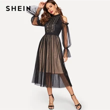 SHEIN Black Cold Shoulder Lace Yoke Dot Mesh Ruffle Dress 2019 Spring Stand Collar High Waist Flounce Sleeve Elegant Dresses