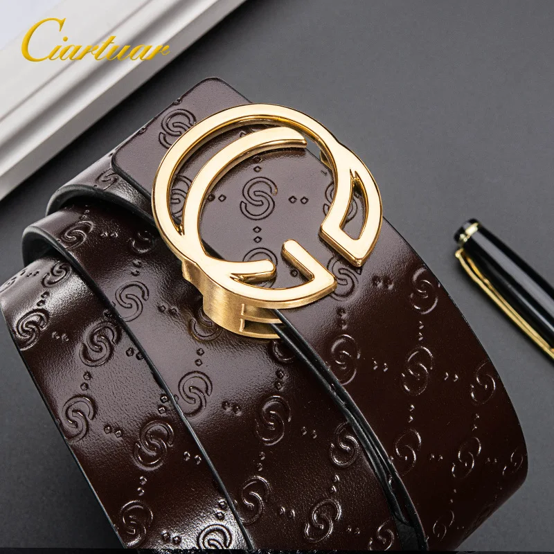 

Ciartuar Brand Luxury Cowskin Belt For Men Women Embossed Real Leather Stainless Steel Smooth G Buckle Belt Vintage Casual Strap