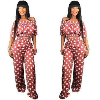 

Summer Women Two Piece Tracksuit Slash Neck Casual Crop Top And Straight Pants Plus Size Polka Dot Matching Sets