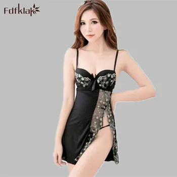 

Women Sexy Lingerie Silk Sleepwear Lace Hallow Out Floral Summer Night Dress Padded Bra Nightgown Set Black/White 3 Styles E0958