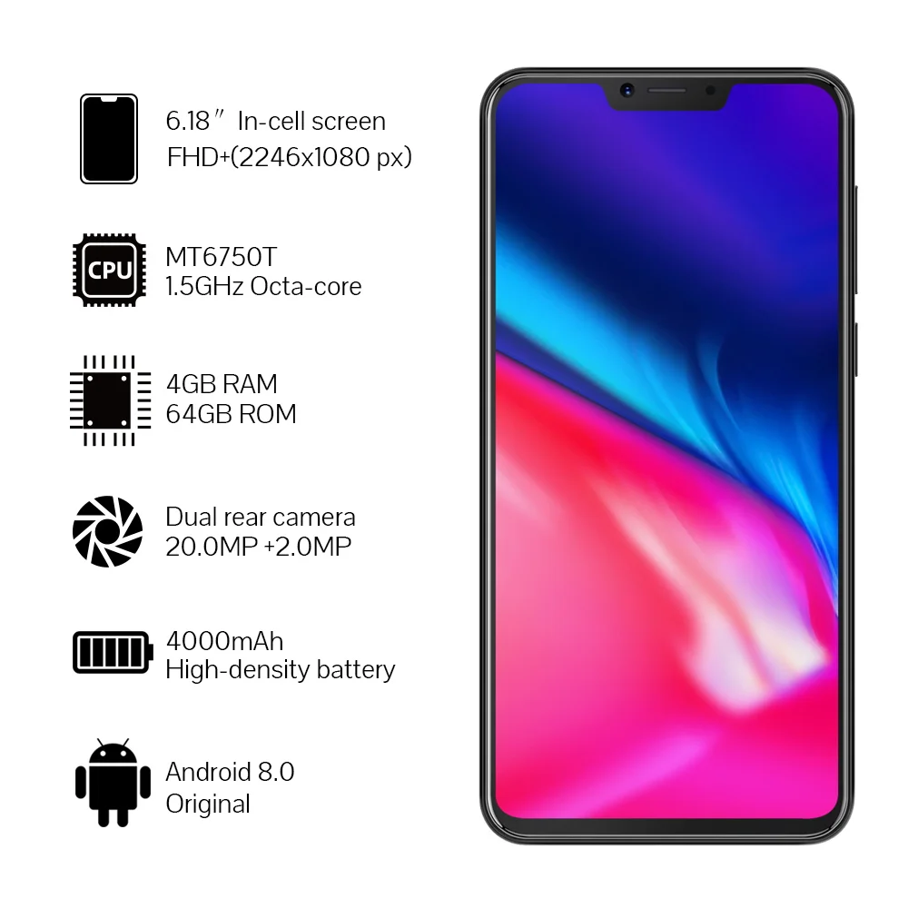 Cubot P20 4 GB + 64 GB Android 8,0 19:9 6,18 \
