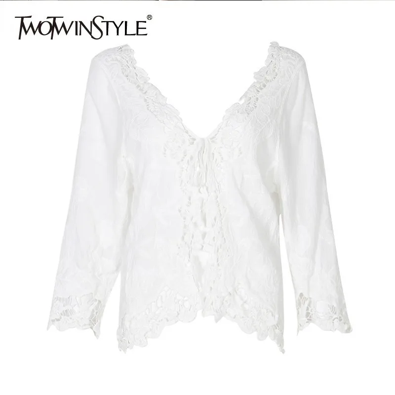 

TWOTWINSTYLE Summer Hollow Out White Blouse For Women O Neck Flare Sleeve Irregular Shirt Female Fashion Clothes 2019 New