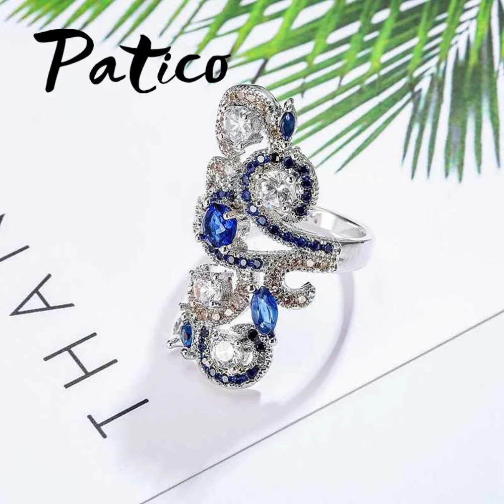 Большие дизайнерские кольца из стерлингового серебра 925 пробы свадебные кольца для женщин и мужчин синий кубический цирконий Ретро Кольца