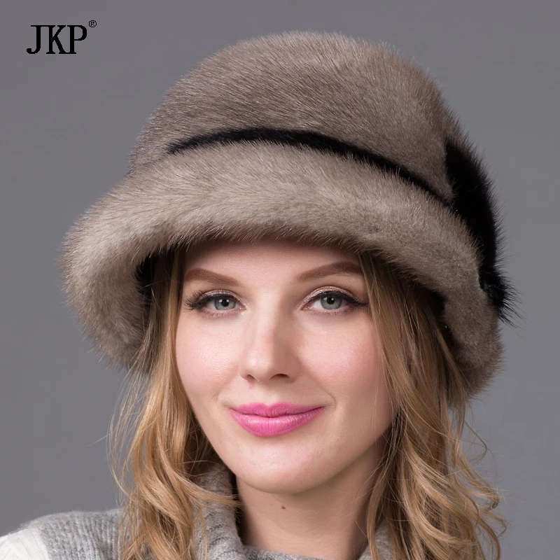 Натуральный мех норки, шапка с полями, осень и зима, для женщин, с оборками, Jurchens, теплая норковая меховая шапка