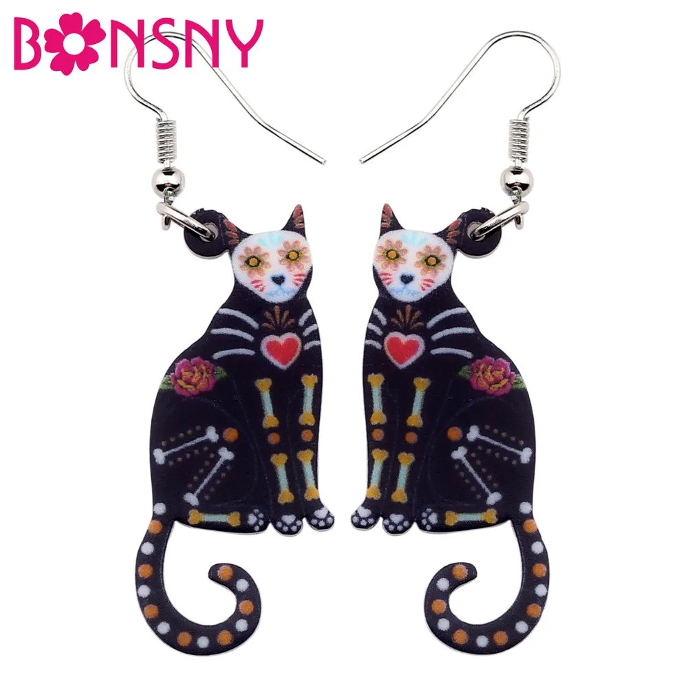 

Bonsny Acrylic Halloween Floral Sitting Kitten Cat Earrings Big Long Drop Dangle Animal Jewelry For Girl Women Ladies Teens Bulk