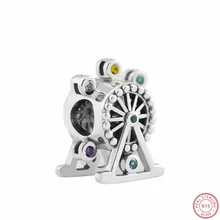 Настоящее серебро 925 проба разноцветные CZ и кристаллы колесо обозрения Талисман из бусин ручной работы Fit PANDORA Подвески для женщин ювелирные изделия FL765