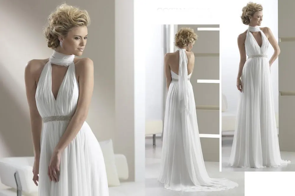 Free Shipping!A-line halter chiffon beaded v-neck backless weep train custom-made wedding dress designers | Свадьбы и торжества