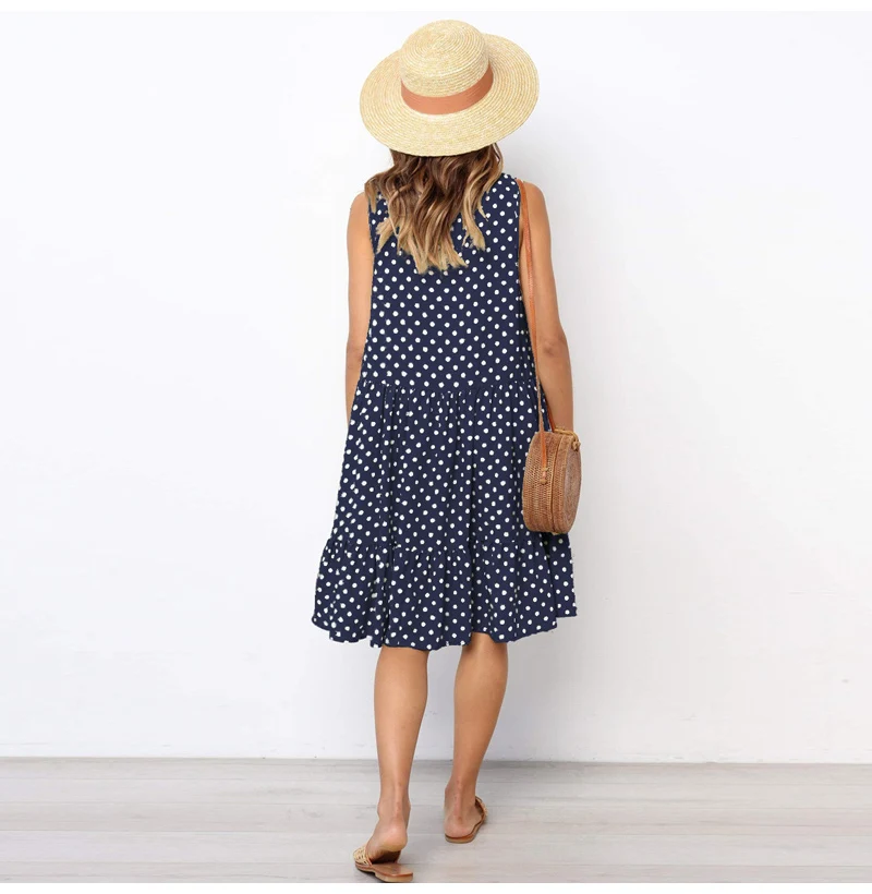 Vestidos, сексуальное ДРАПИРОВАННОЕ женское платье, новинка, летнее, без рукавов, повседневное, ТРАПЕЦИЕВИДНОЕ, свободное, в горошек, с принтом, Пляжное, короткое, мини, сарафан