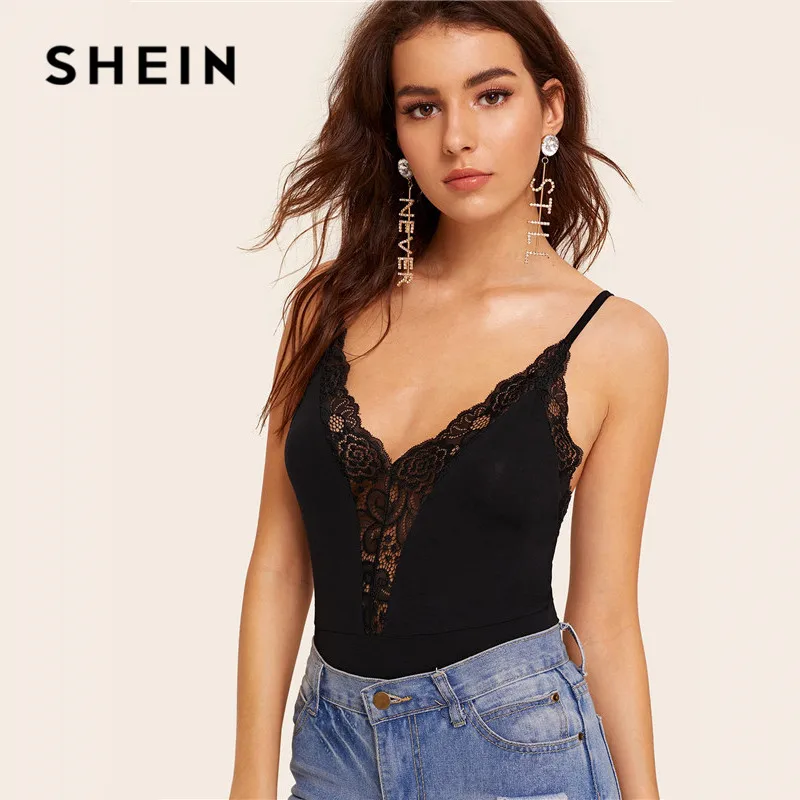 SHEIN Боди На Бретелях С Кружевом И Вставкой V Образным Вырезом Женское Летнее