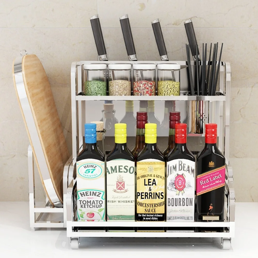  A1 Stainless steel kitchen shelf 2 layers kitchen utensils put seasonings spice rack multi-function - 32909569908
