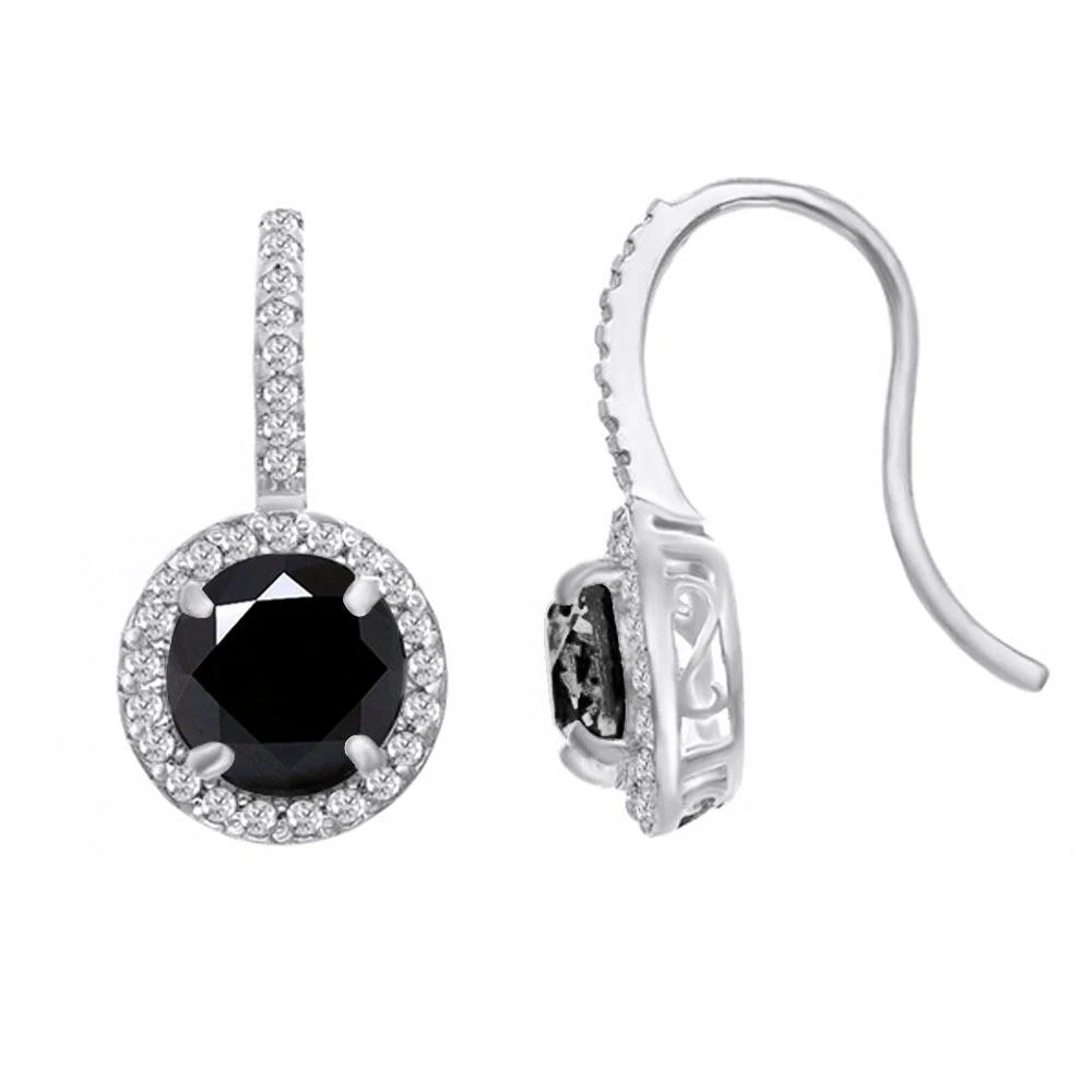 2.25 CT ROUND BLACK MOISSANITE 10K WHITE GOLD HOOK DANGLE EARRINGS