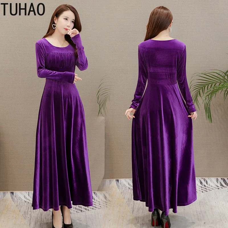 TUHAO женские осенние зимние однотонные платья размера плюс 4XL 3XL бархатные длинные
