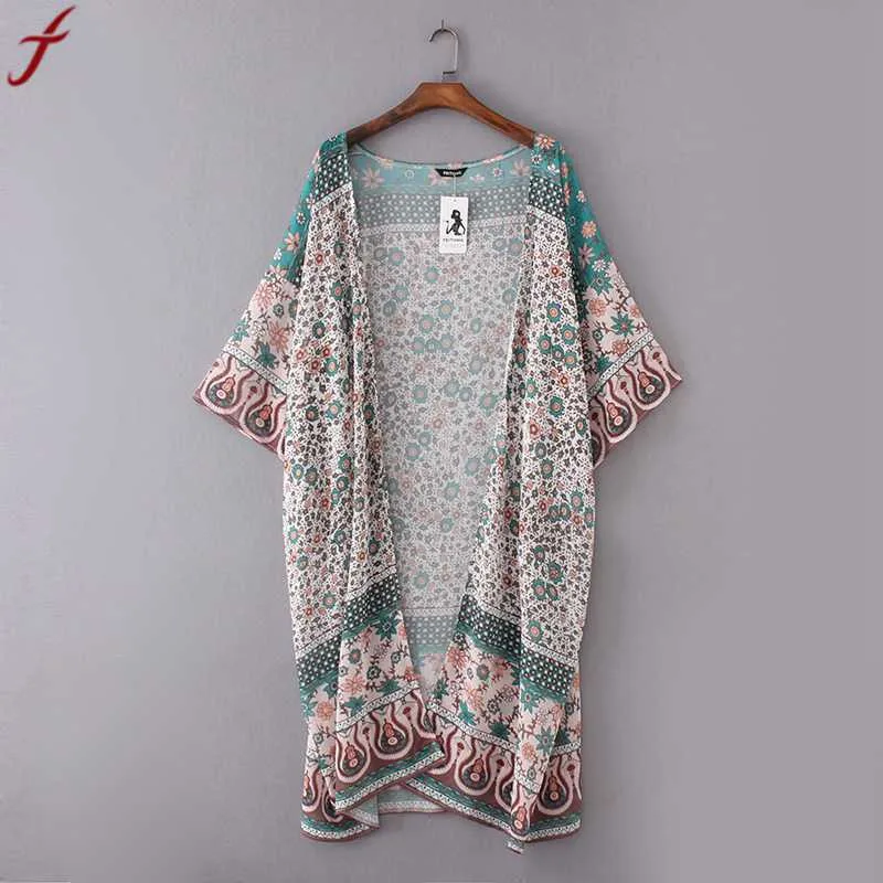 

Feitong Sexy Women Beach Cardigans Floral Print Chiffon Blouse Tops Cover Up Kimono Cardigan Coat 3/4 Sleeves Mujer Chemise