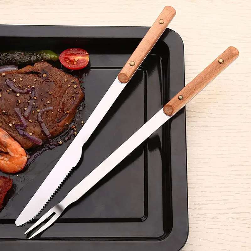 Utdoor нержавеющая удлиненная деревянная ручка стальной нож для барбекю и вилка анти-обжигающий инструмент для барбекю аксессуары кухонные аксессуары