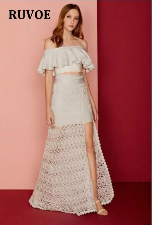 

High Quality 2019 Sumer 2 Piece Set Dress Black Fashion Slash Neck Ruffles Strapless Maxi Long Celebrity Party Bandage Dress