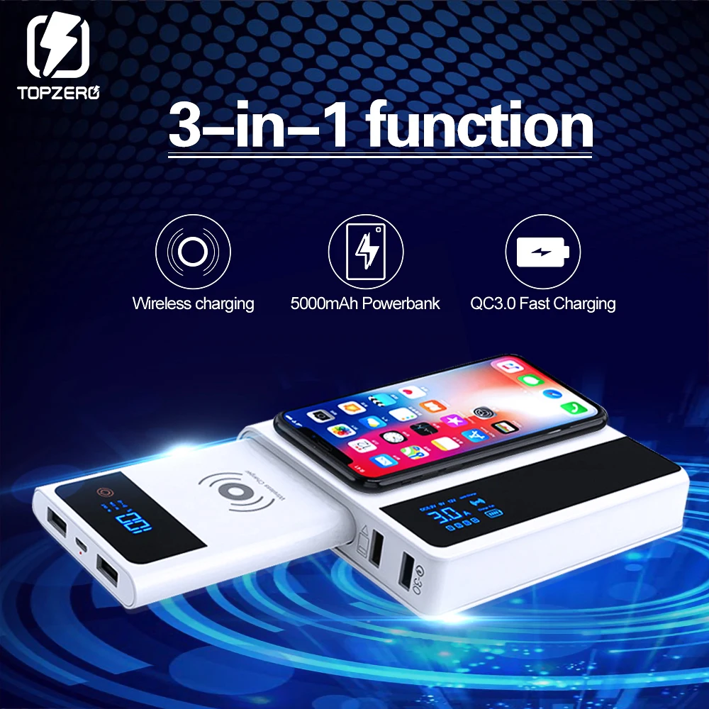 

3 In 1 QC 3.0 Wireless Charger 5000mah Power Bank LED Smart Fast Charging External Battery Wireless Charging For Huawei iPhone