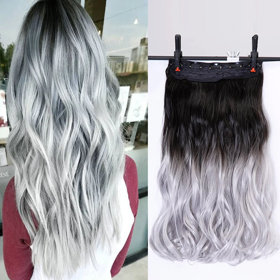 24inch Long Curly Black to Gray Women Hair High Tempreture Synthetic Ombre Hair Piece Clip in Hair Extensions DIFEI
