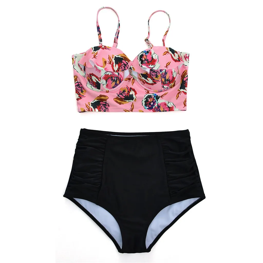 Женский купальный костюм из двух предметов, сексуальный купальник большого размера, женский купальник с оборками, бикини, комплект, цветочный узор, в горошек, купальник, пляжная одежда - Цвет: Розовый