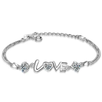

Cute Simple "LOVE" Design 925 Sterling Silver CZ Crystal Bracelets&Bangles for Women Engagement Fashion Jewelry Gift