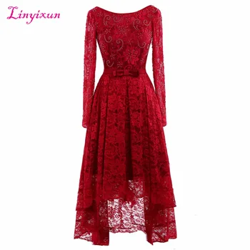 

Linyixun Real Photo Red Lace Evening Dresses 2017 with Sashes Long Sleeve Scoop Prom Dress Custom Made Vestido de festa